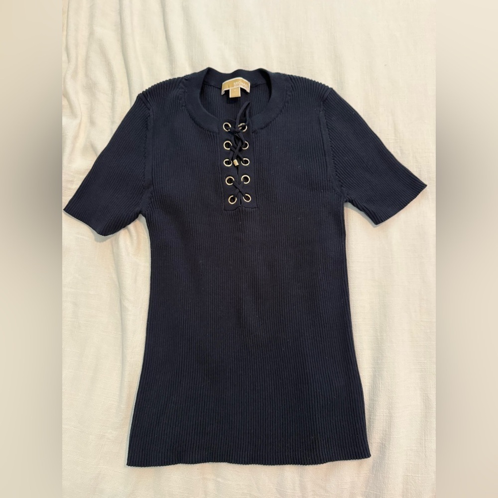 Michael Kors Short Sleeve Ribbed Sweater Tee Lace Tie Up Medium